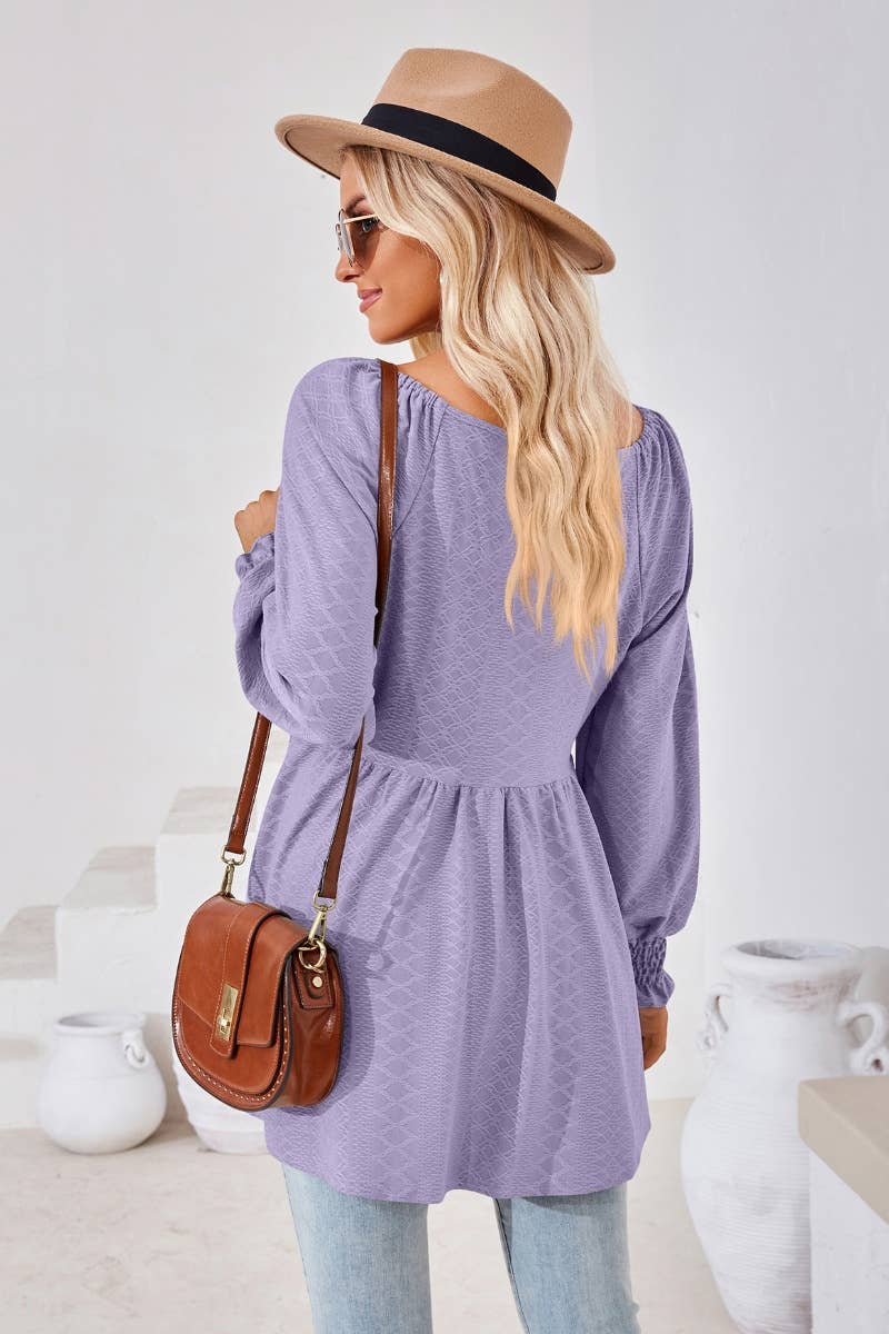 CWTBLL2817_SOLID COLOR PATCHWORK LONG-SLEEVED TUNIC