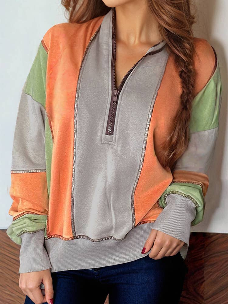 COLOR CONTRAST PATCHWORK HALF ZIP HOODIE WOMAN