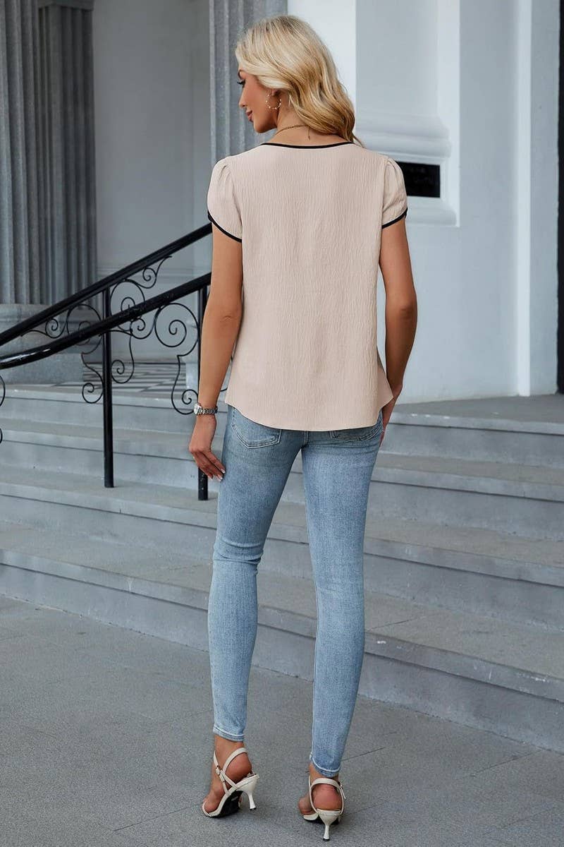 CWTBLS2260_COLORBLOCK V-NECK PETAL SLEEVE BLOUSE