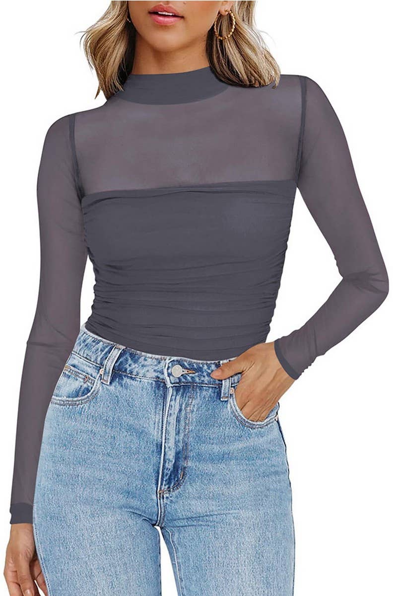 CWTTL2005_WOMEN'S HALF TURTLENECK SEE-THROUGH SEXY T-SHIRT