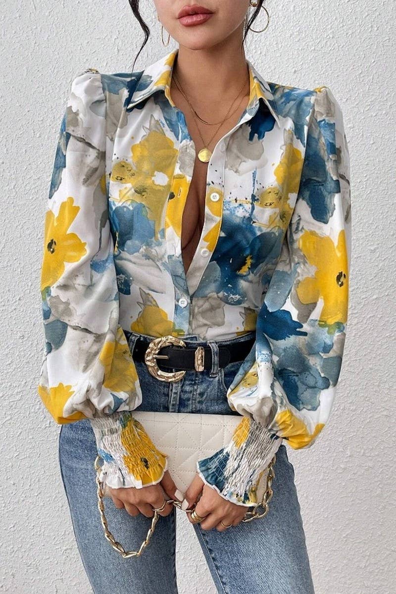 CWTSTL2885_PRINTED COLLARED PUFF SLEEVE LOOSE FIT SHIRT