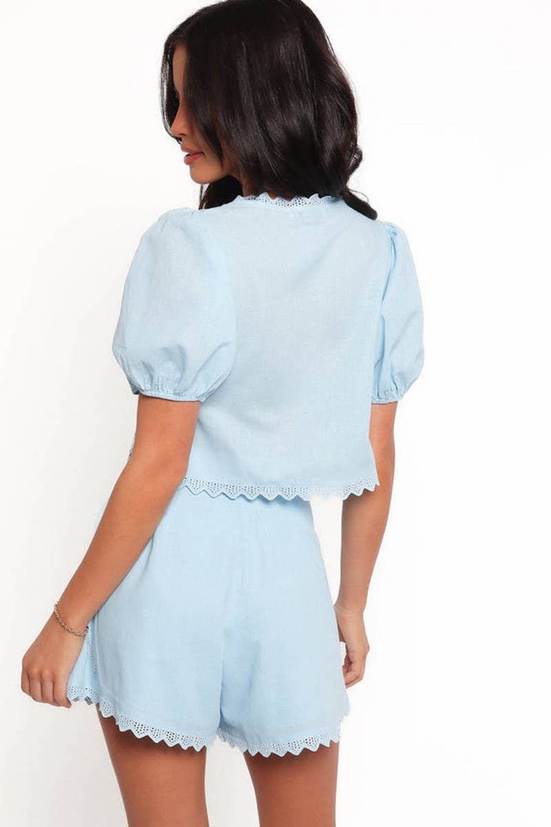 CWSS1223_V-NECK BOW TIE PUFF SLEEVE TOP & SHORTS SET