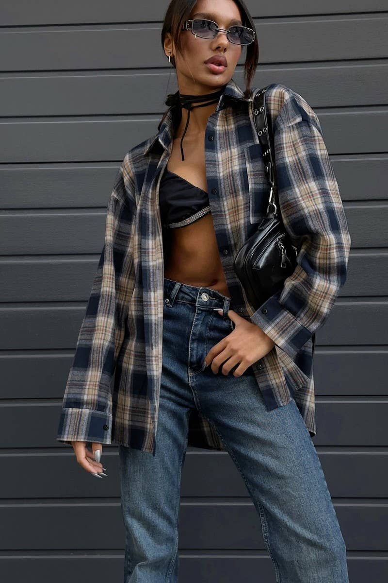 CWTBLL559_RETRO PLAID COMMUTER LOOSE LONG-SLEEVED SHIRT