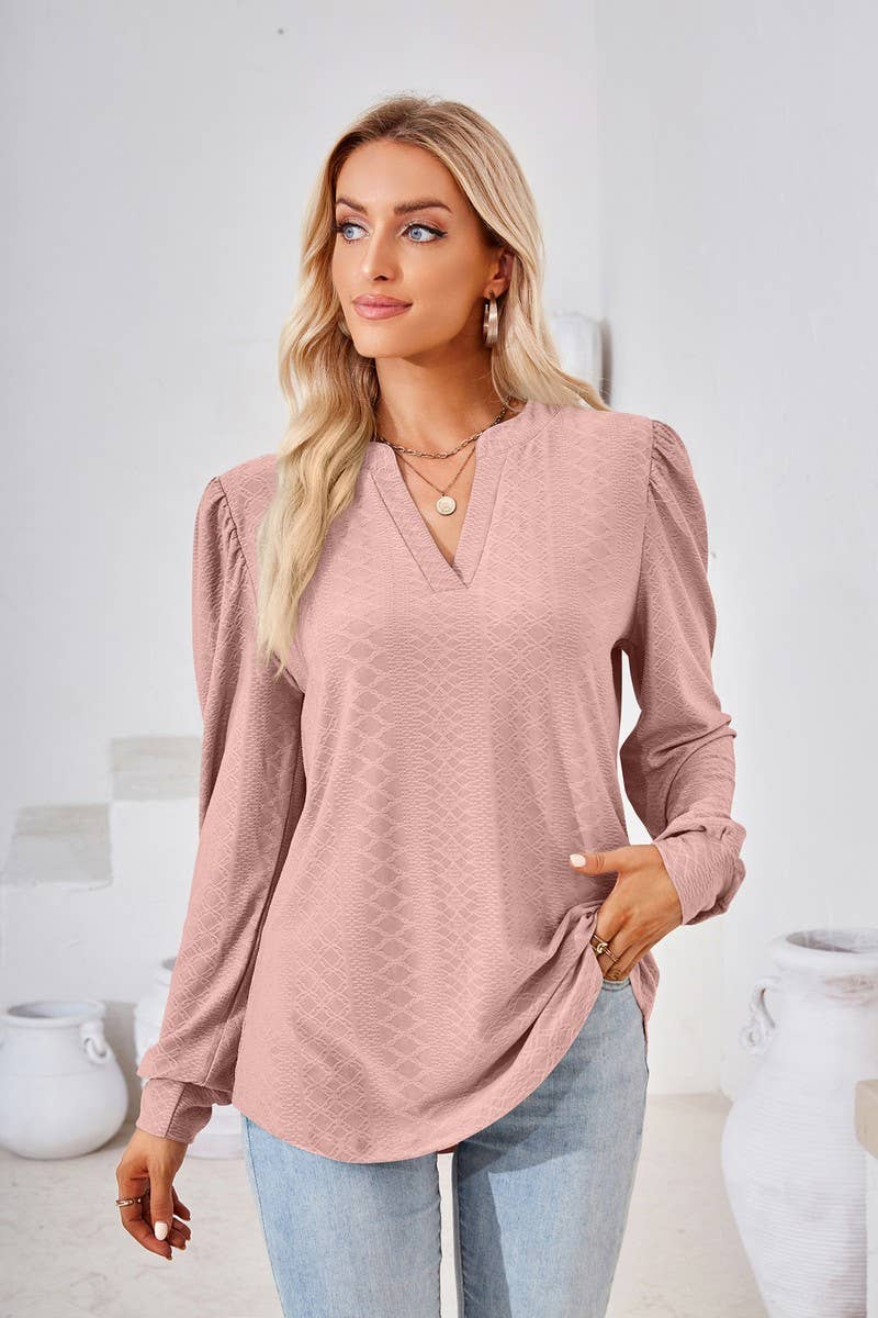 CWTBLL2374_SOLID COLOR V-NECK JACQUARD LONG-SLEEVED TOP