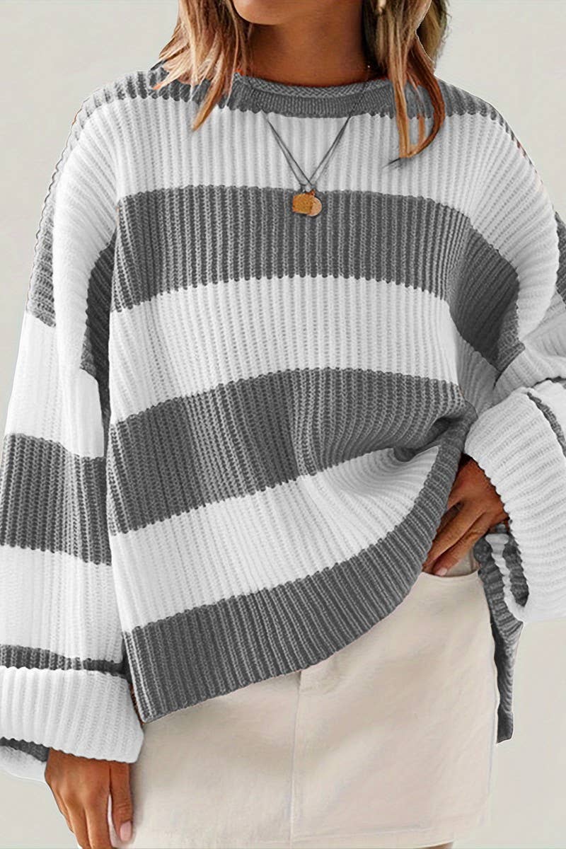 CWOSWL07625_RETRO COLORBLOCK STRIPED LOOSE KNIT SWEATER