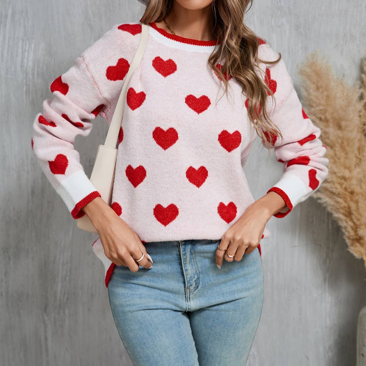 Color contrast heart long sleeve knit sweater