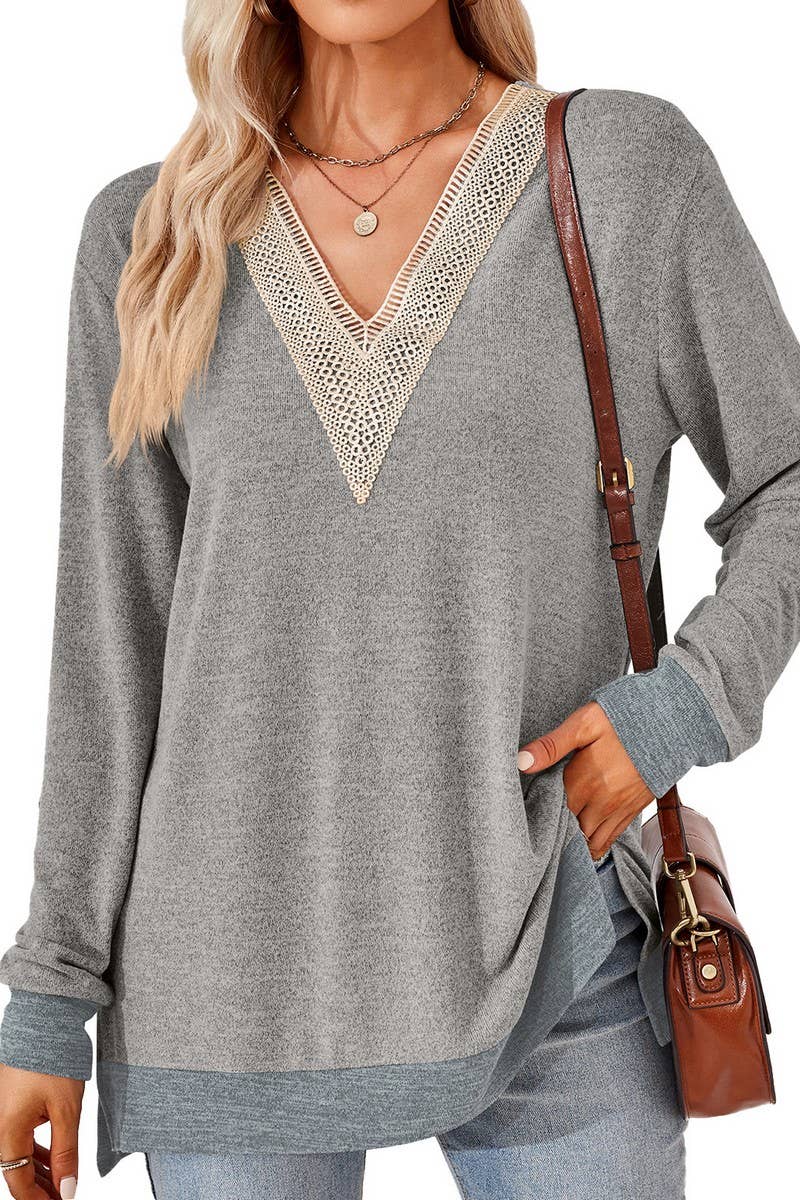 CWTBLL3660_AUTUMN NEW V-NECK LACE SOLID COLOR LOOSE T-SHIRT