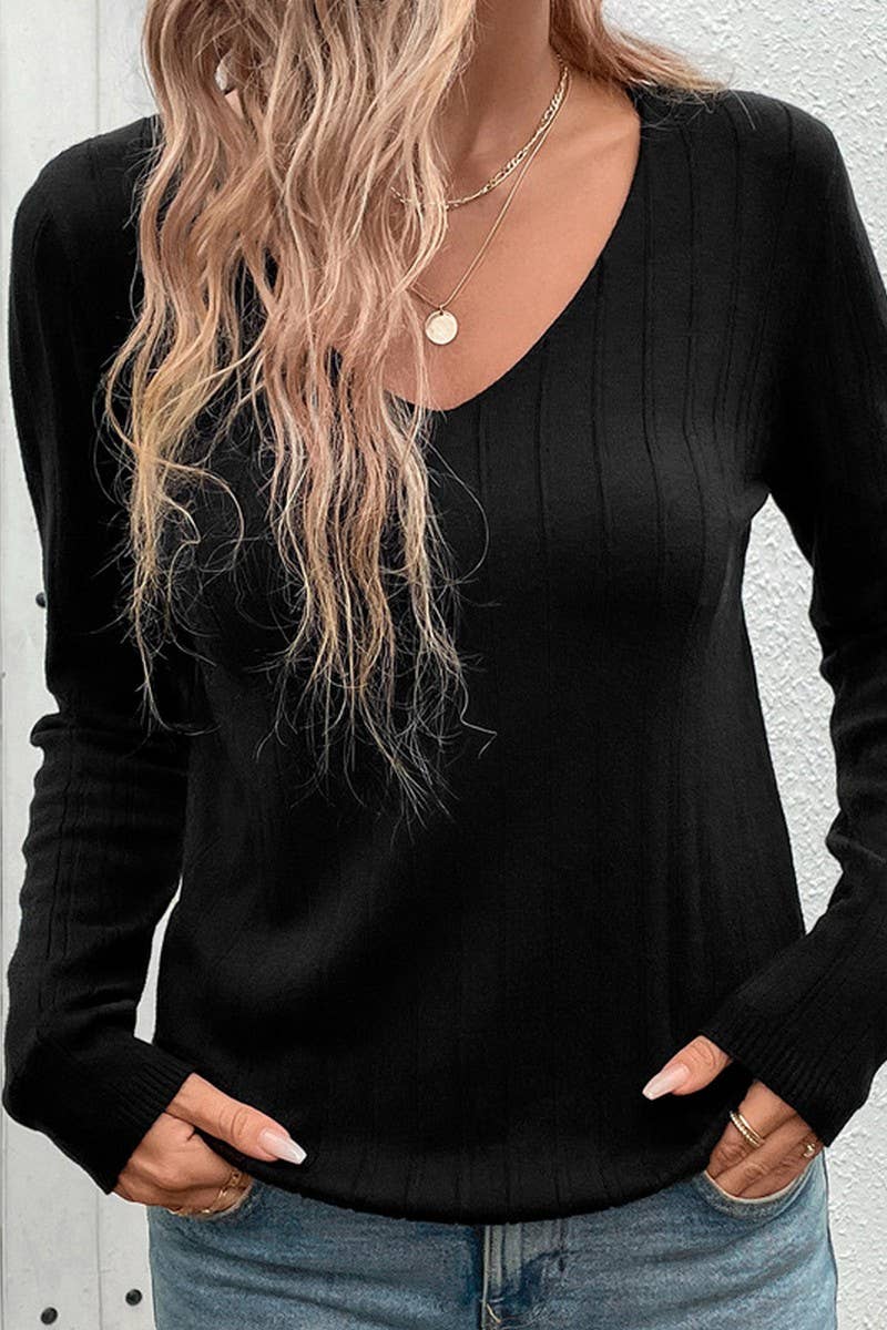 CWTBLL00726_RIBBED V NECK LONG SLEEVE BLACK SWEATER