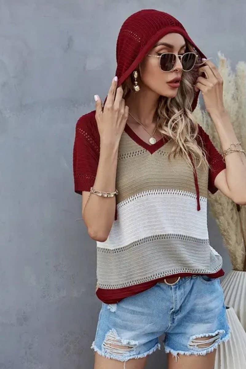 CWTTS1304_SPRING AND SUMMER STRIPED HOODED T-SHIRT