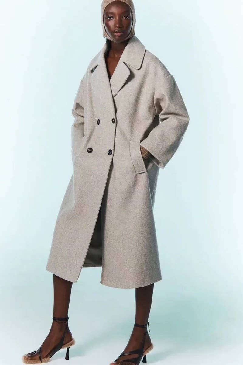 CWOCO1098_SOLID COLOR LAPEL LOOSE DOUBLE-BREASTED LONG COAT