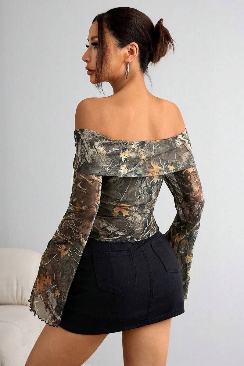CWTBLL3470_MESH PRINTED OFF-SHOULDER LONG SLEEVE T-SHIRT TOP