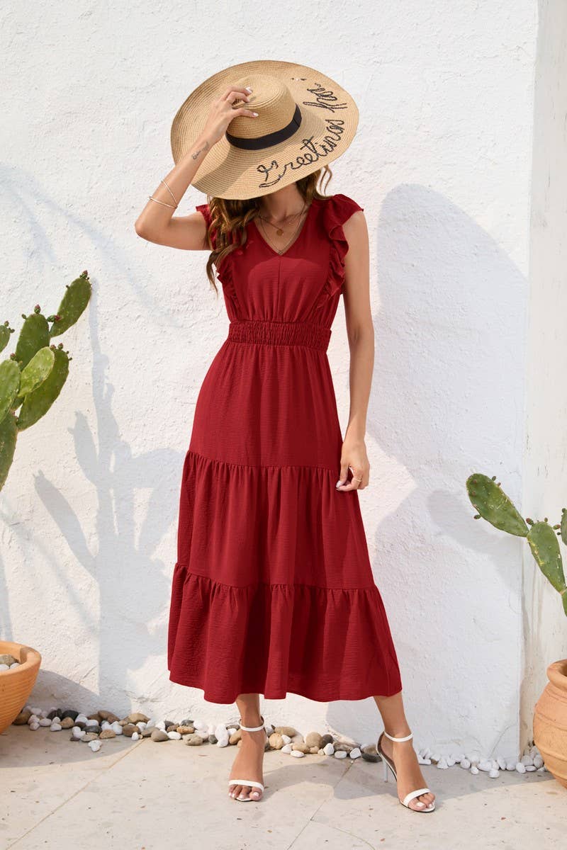 CWDMD2144_V-NECK HIGH-WAISTED CAKE DRESS