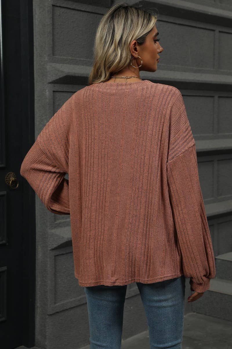 CWTBLL1868_SOLID COLOR V-NECK LOOSE RIBBED LONG-SLEEVED TOP