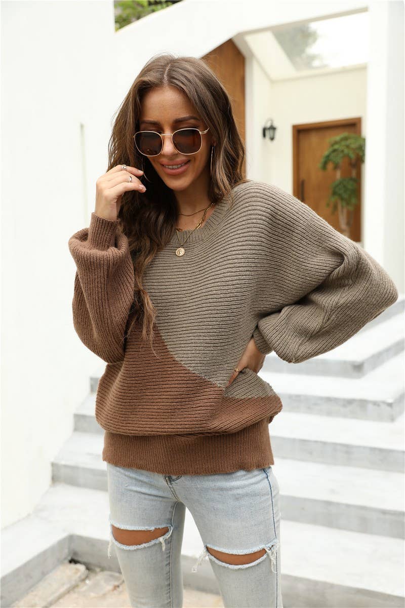 CWOSWL3173_CONTRAST COLOR STITCHING BATWING SWEATER