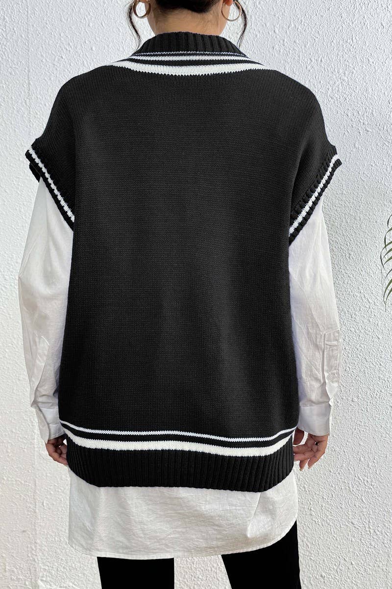 CWTSTL00989_WOMEN V NECK COLOR BLOCK STRIPED KNIT VEST