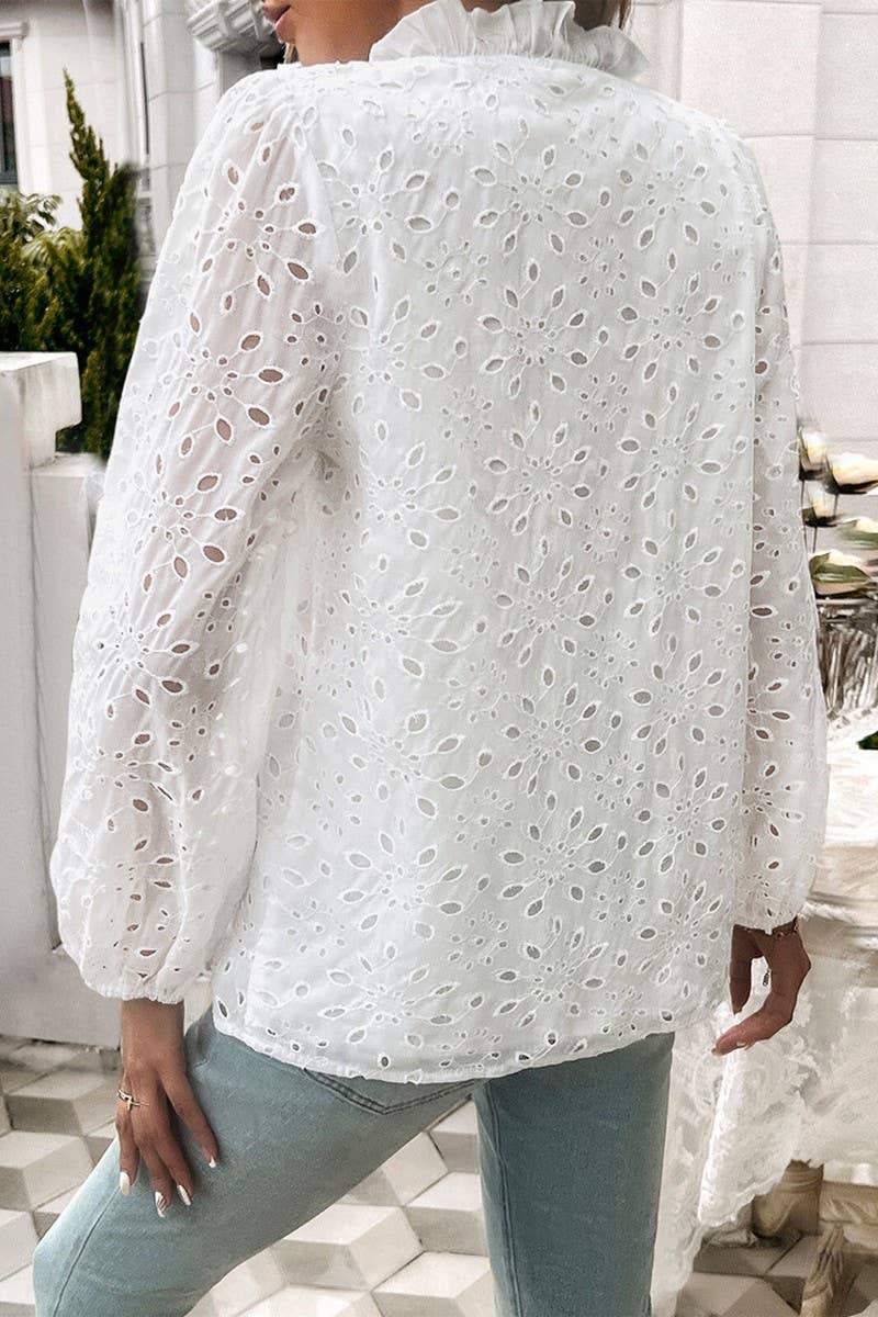 CWTSTL2732_ELEGANT HOLLOW PUFF SLEEVE EMBROIDERED TOP