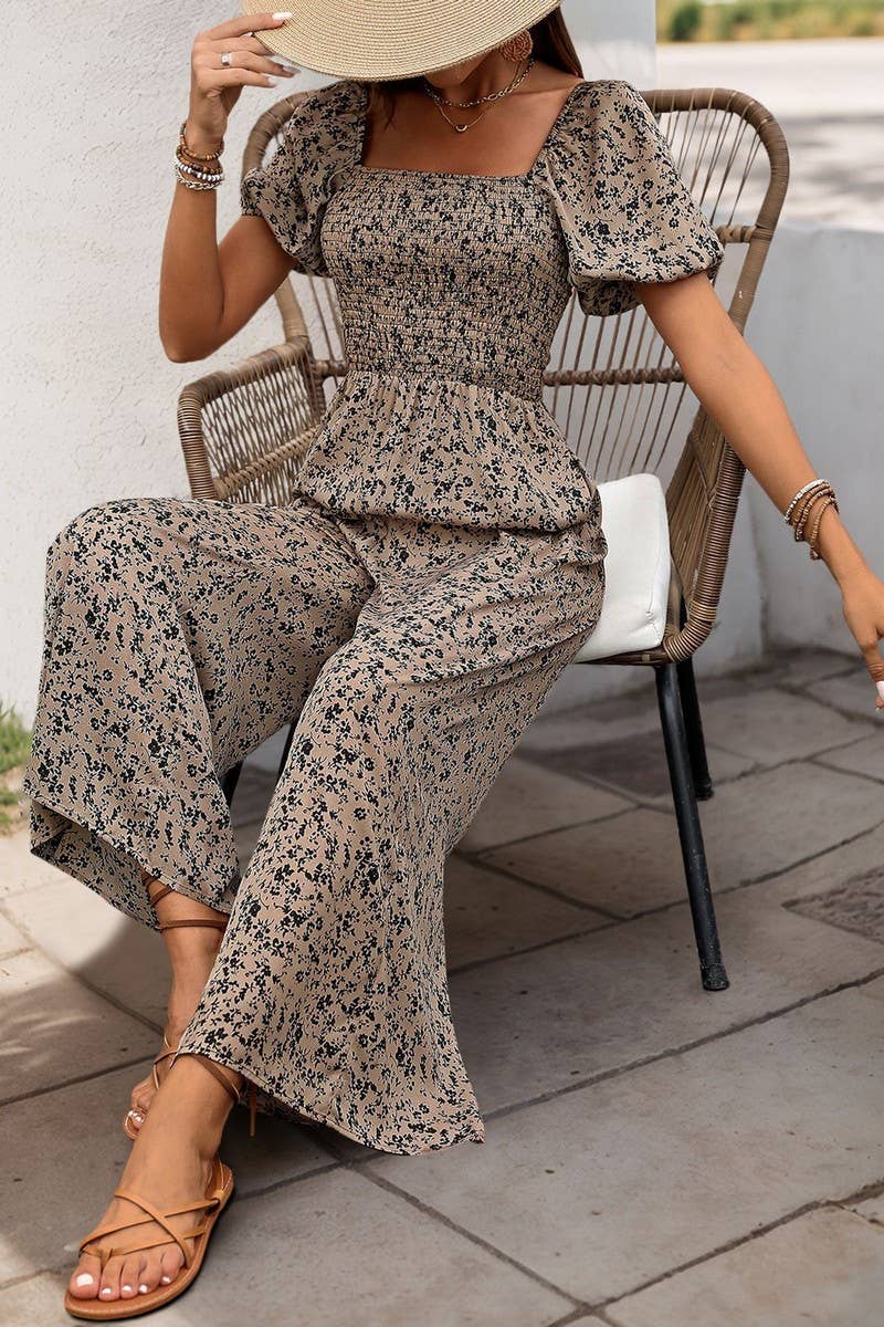 CWSJS1277_SQUARE NECK PUFF SLEEVE WIDE LEG PRINT JUMPSUIT