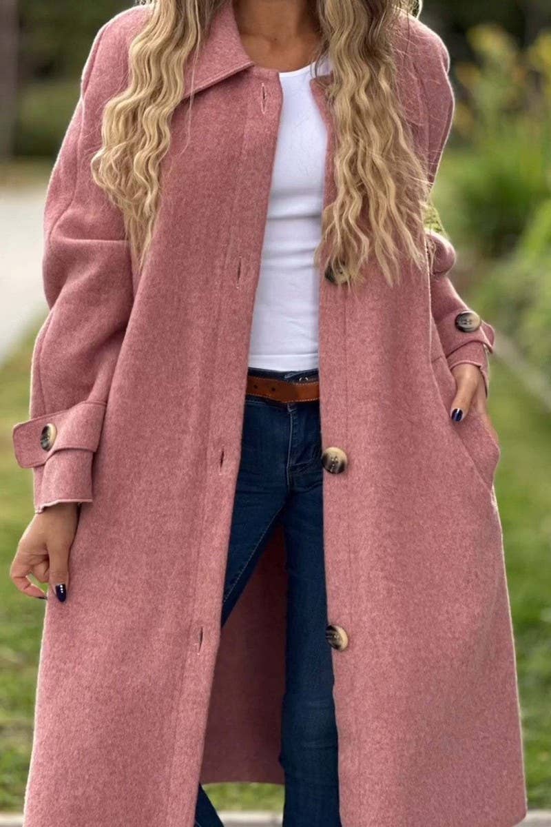 CWOCO1086_CASUAL BUTTON LONG SOLID COLOR WOOLEN COAT