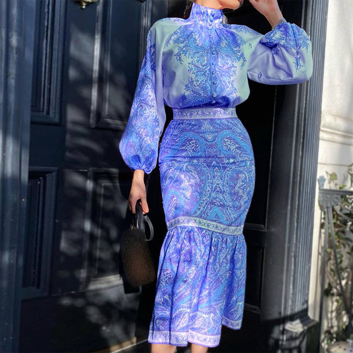 BOHO PRINT TOP MID-LENGTH WRAP ARM SKIRT SUIT