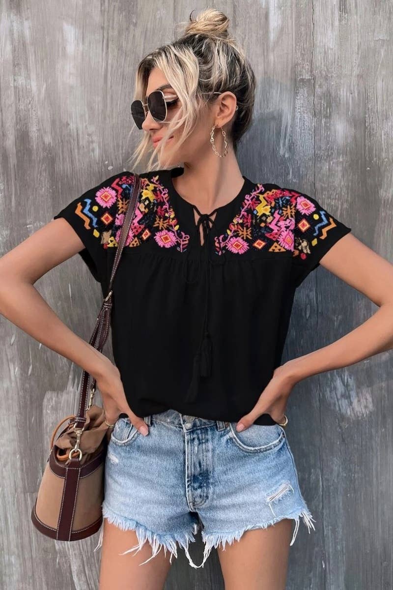 CWTBLS1130_SHORT SLEEVE LACE-UP EMBROIDERED BAT SLEEVE TOP