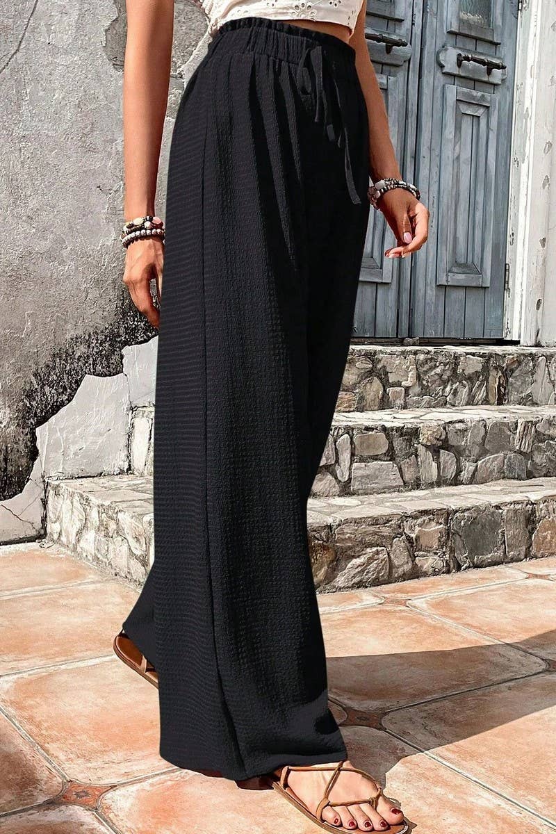 CWBLP1867_FASHIONABLE BUBBLE PLAID CASUAL WIDE-LEG PANTS