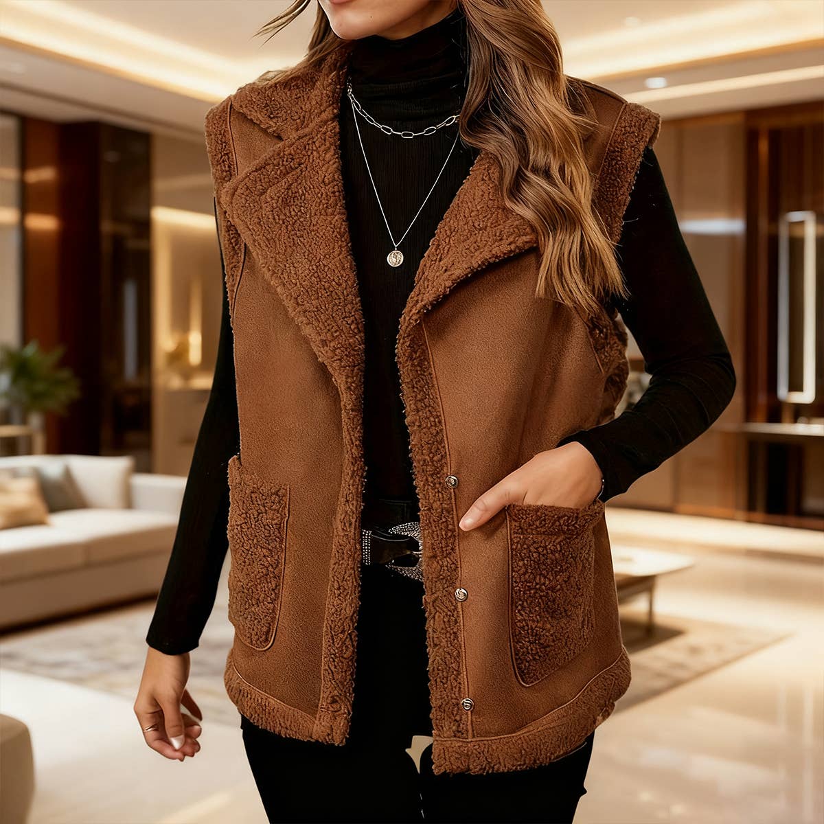 Corduroy collar and suede vest jacket