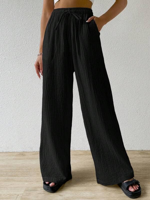 Elastic waist casual solid color wide-leg pants