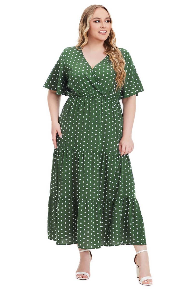 CWDMD3210_PLUS SIZE V-NECK POLKA DOT SHORT SLEEVE DRESS