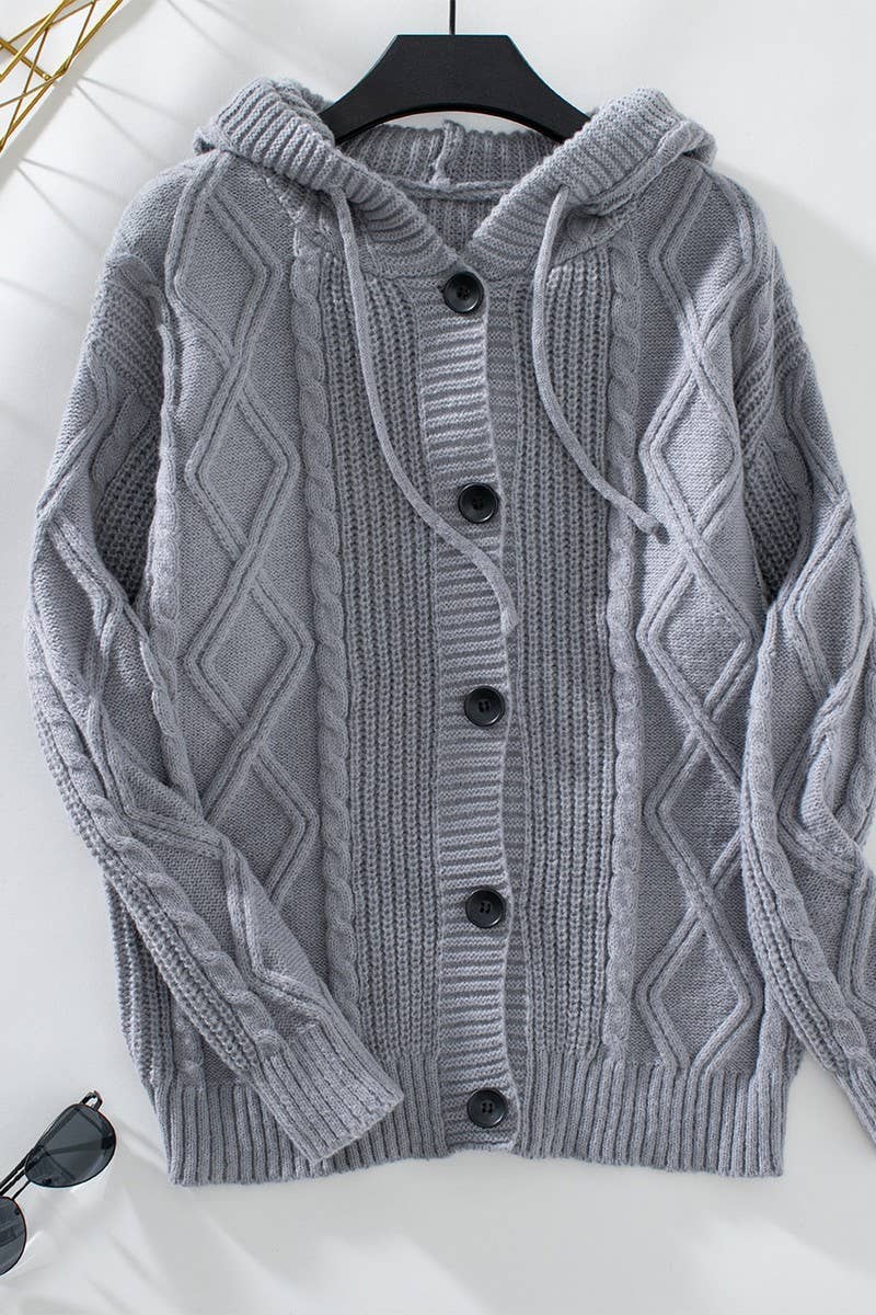 CWOCAL0864_HOODED DRAWSTRING KNITTED CARDIGAN