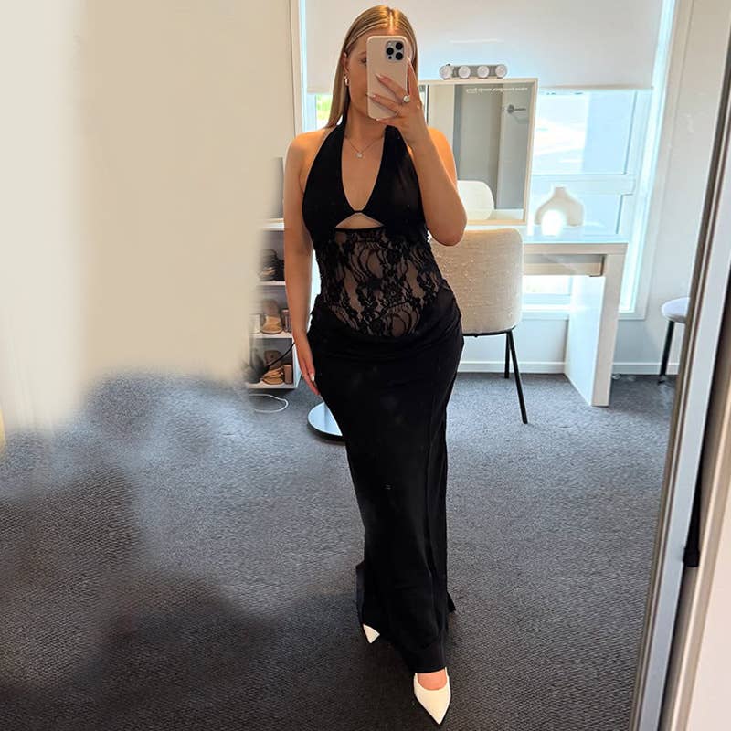 A halter lace cutout dress that covers buttocks