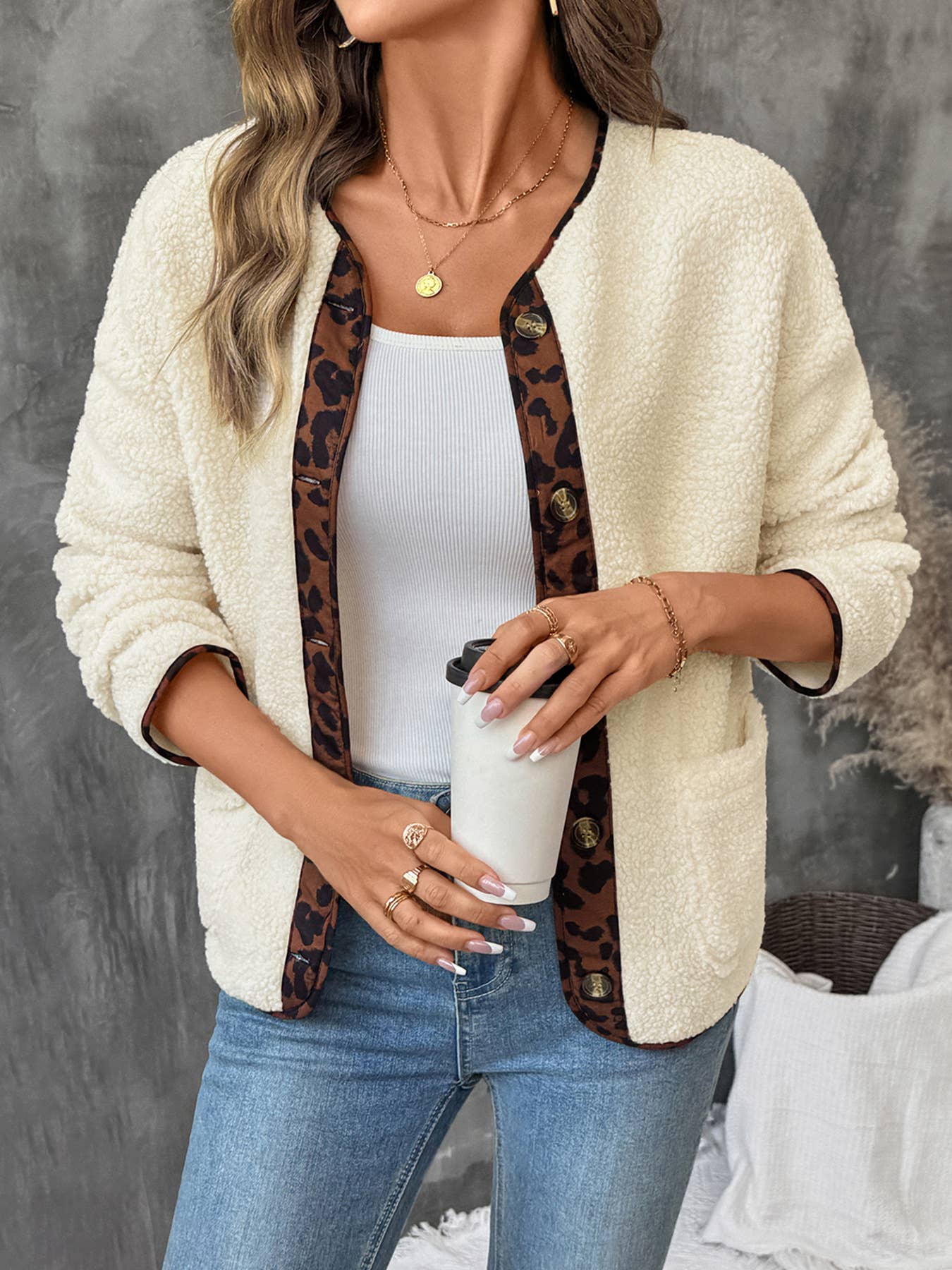 Casual polar fleece leopard print color cardigan