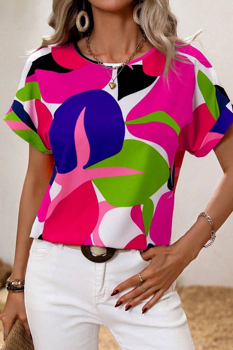 CWTTS1380_SUMMER FASHION PRINTED U-NECK SHORT SLEEVE TOP