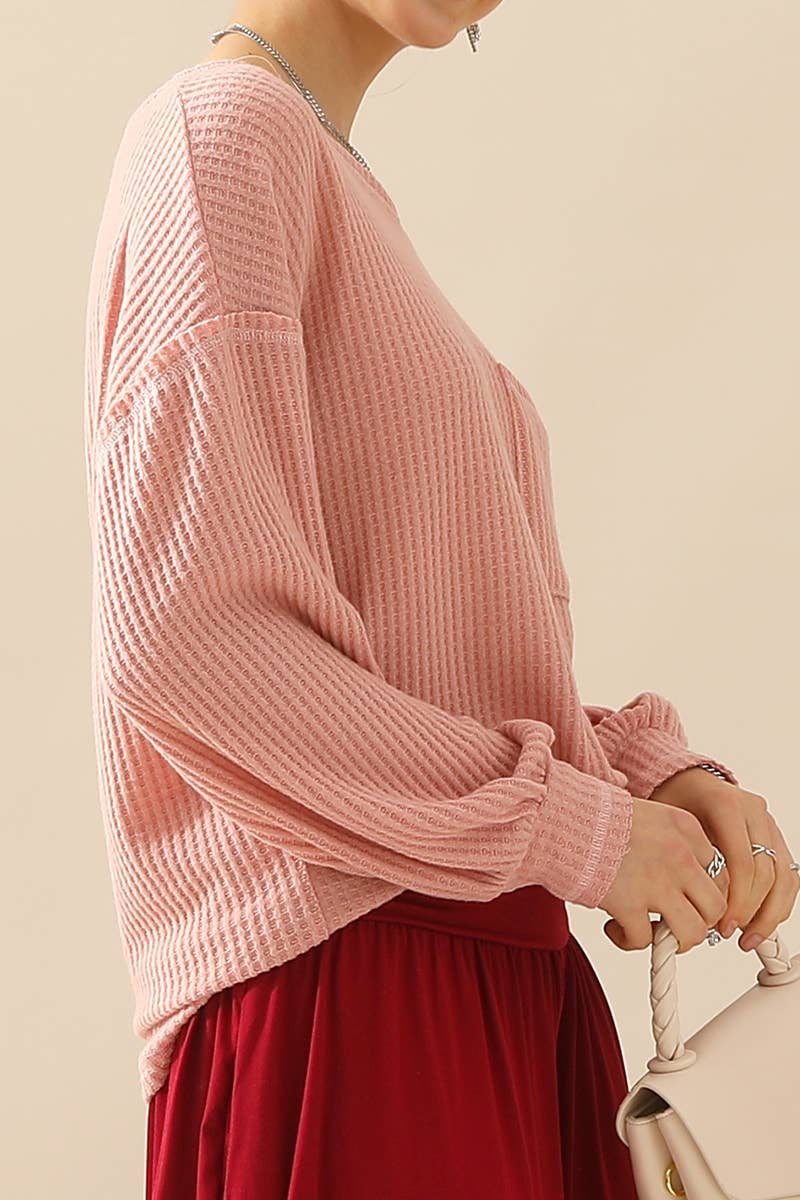 CWTTL1097_SHIRING CUFF R NECK SWEATER KNIT TOP