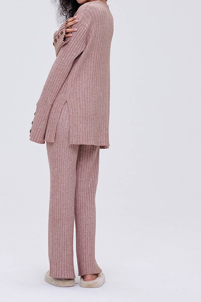 CWSTB1437_V-NECK KNITTED LONG-SLEEVED TROUSERS CASUAL SUIT