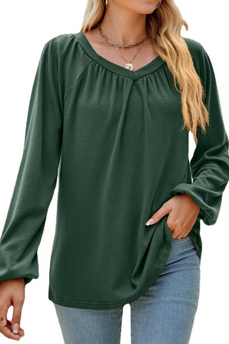CWTBLL2413_SOLID COLOR LONGSLEEVE V-NECK PLEATED T-SHIRT TOP