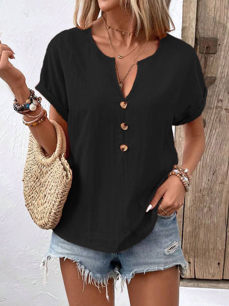 Button V-neck solid-color short-sleeved T-shirt