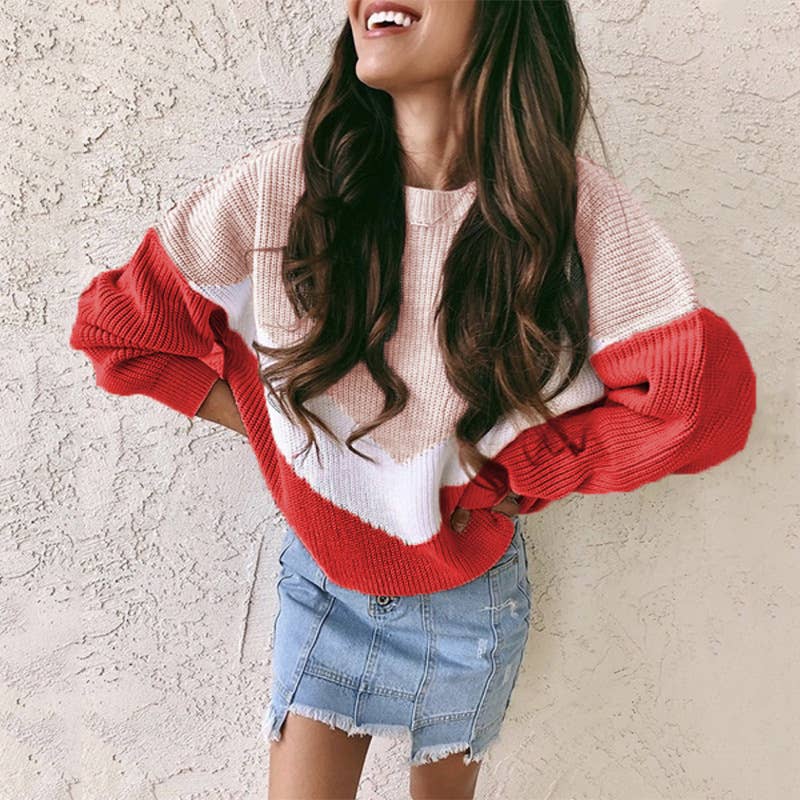 Crewneck sweater women's tricolor applique sweater