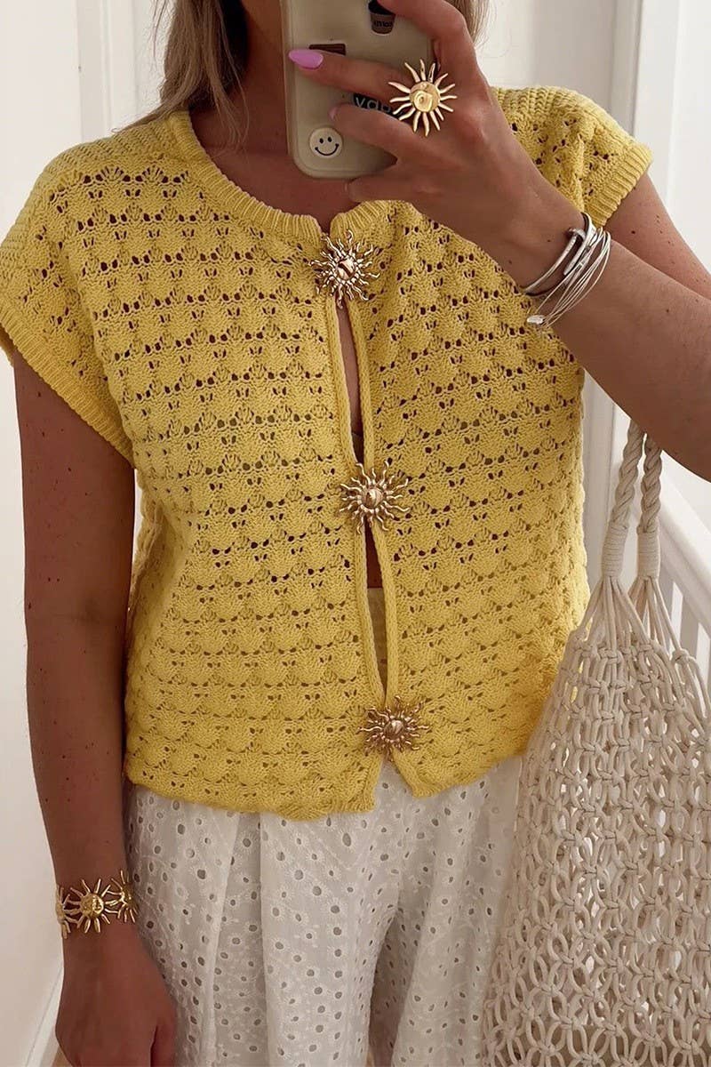 CWOSWS00155_SOLID HOLLOW OUT SHORT SLEEVE KNIT TOP