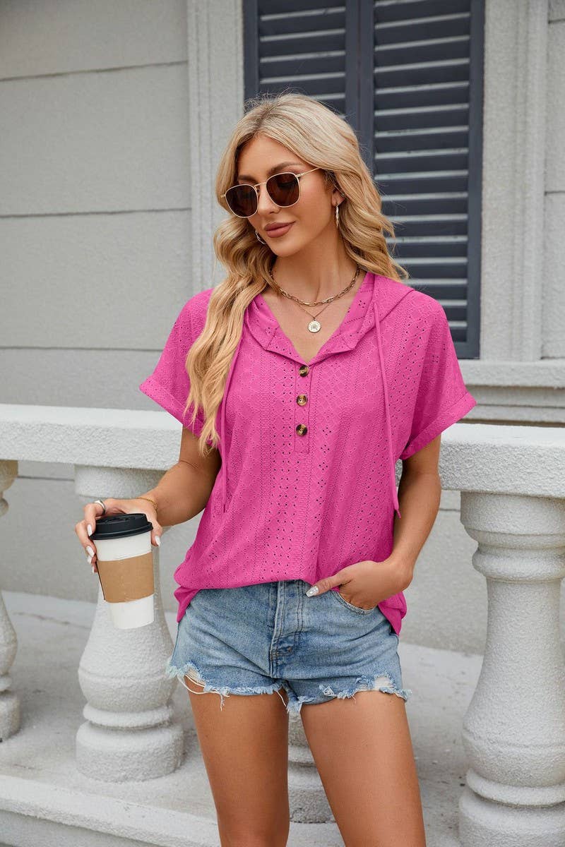 CWOHOS0015_Button Neck Short Sleeve Hoodi Knit Top