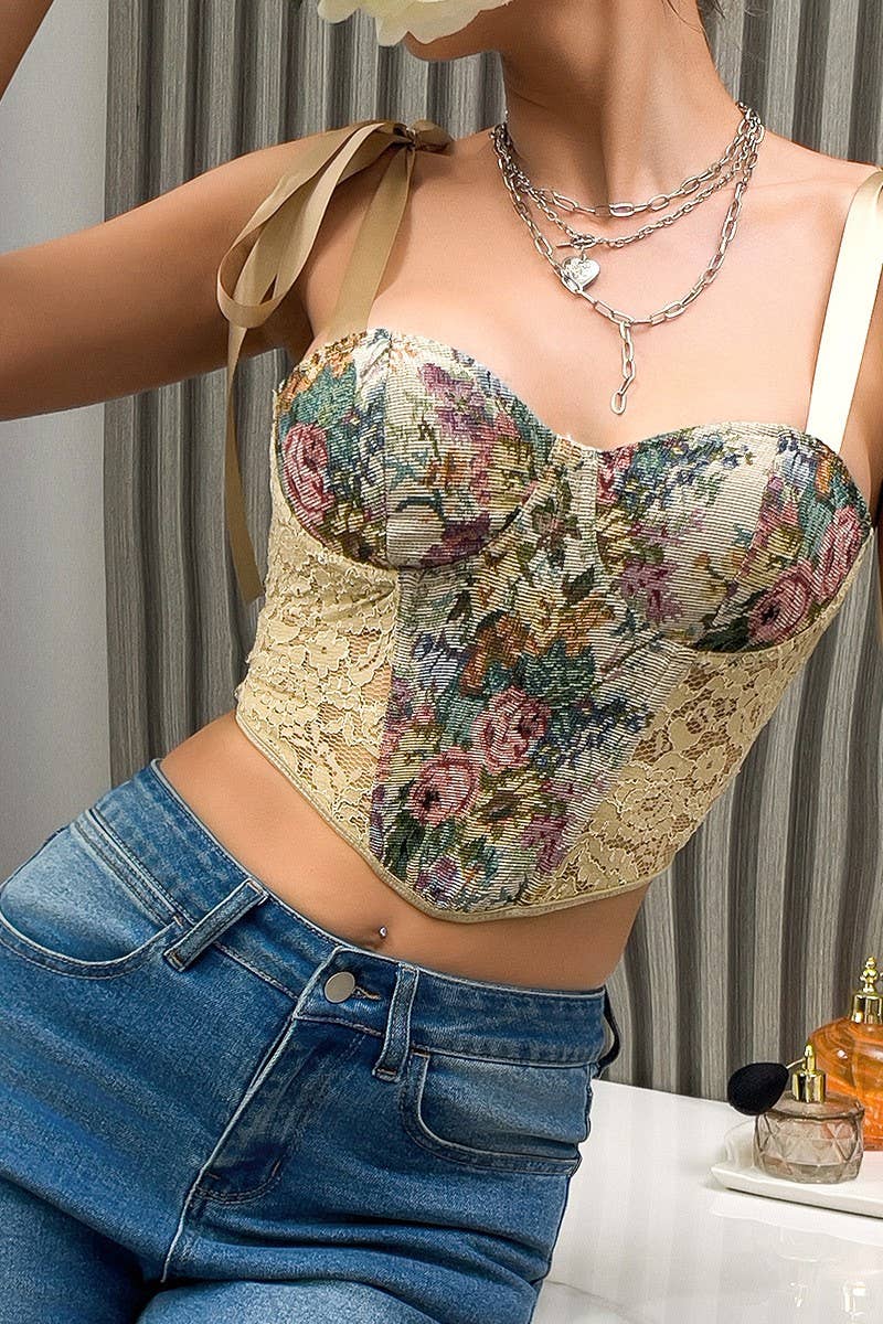 CWTTK0735_FLORAL BACKLESS LACE-UP PALACE WAIST CAMISOLE
