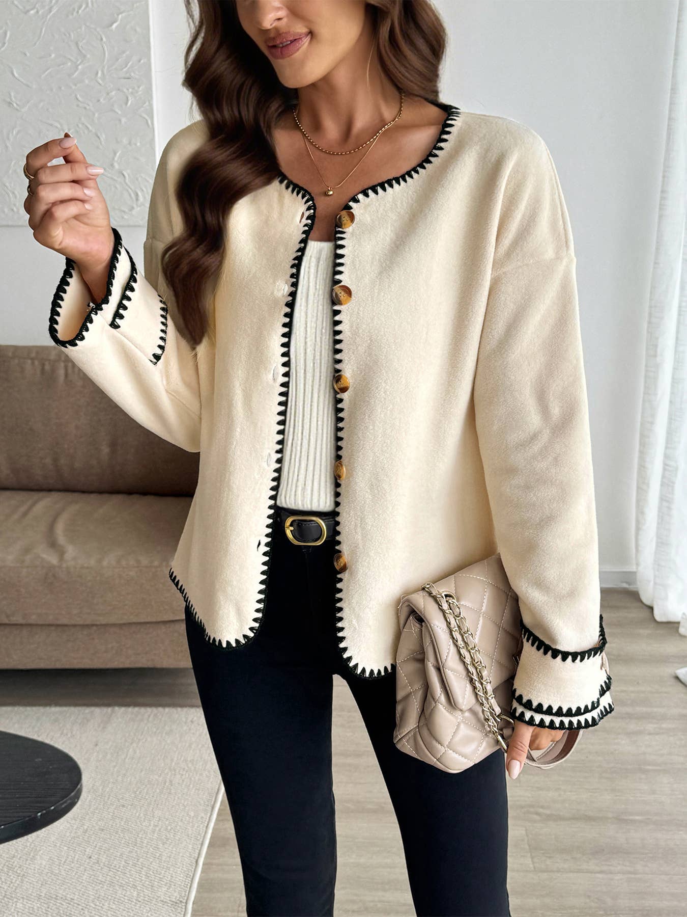 Casual line-patterned color-blocking cardigan