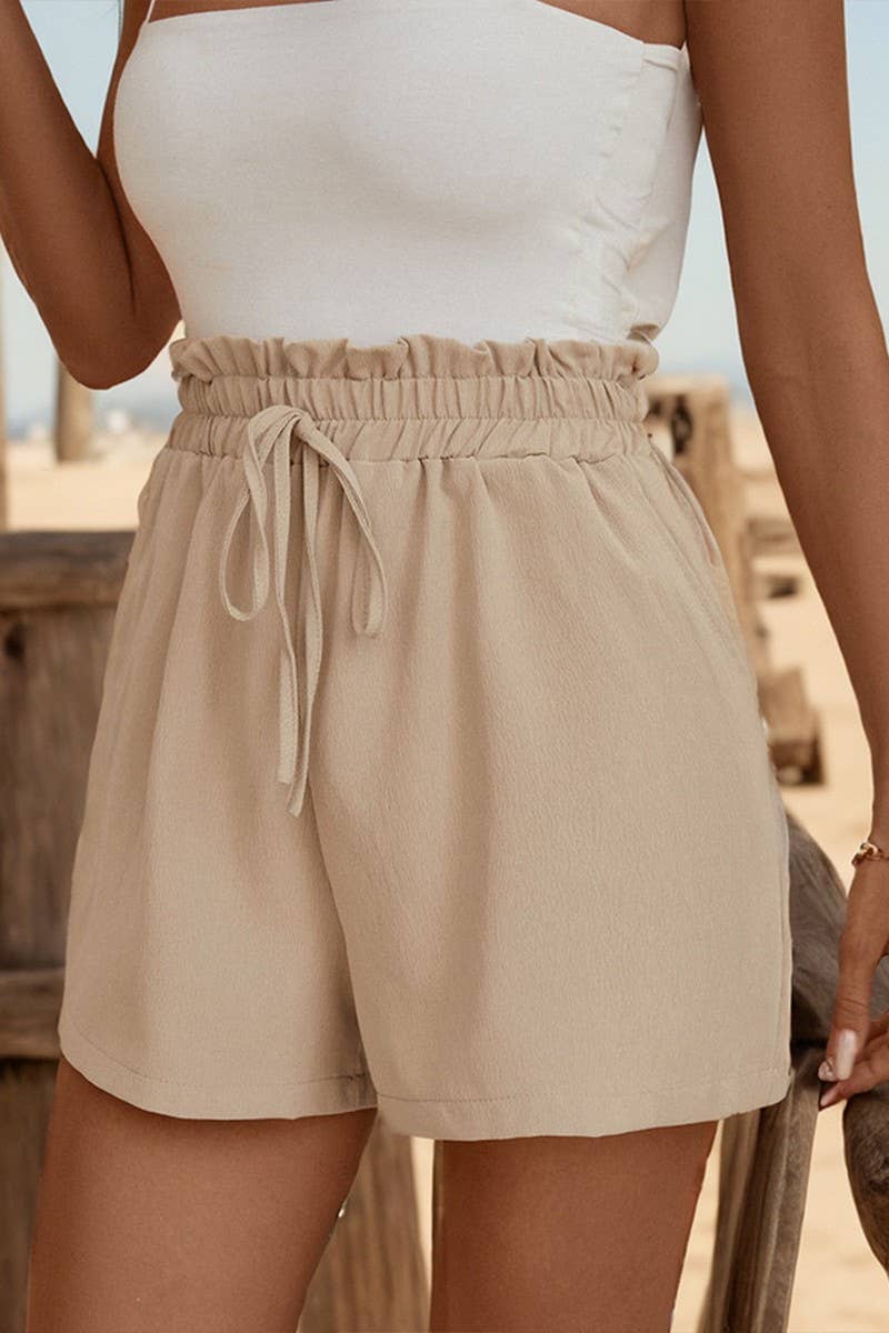 CWBSP0312_SOLID ELASTIC WAIST RUFFLED LACE-UP SHORT PANTS