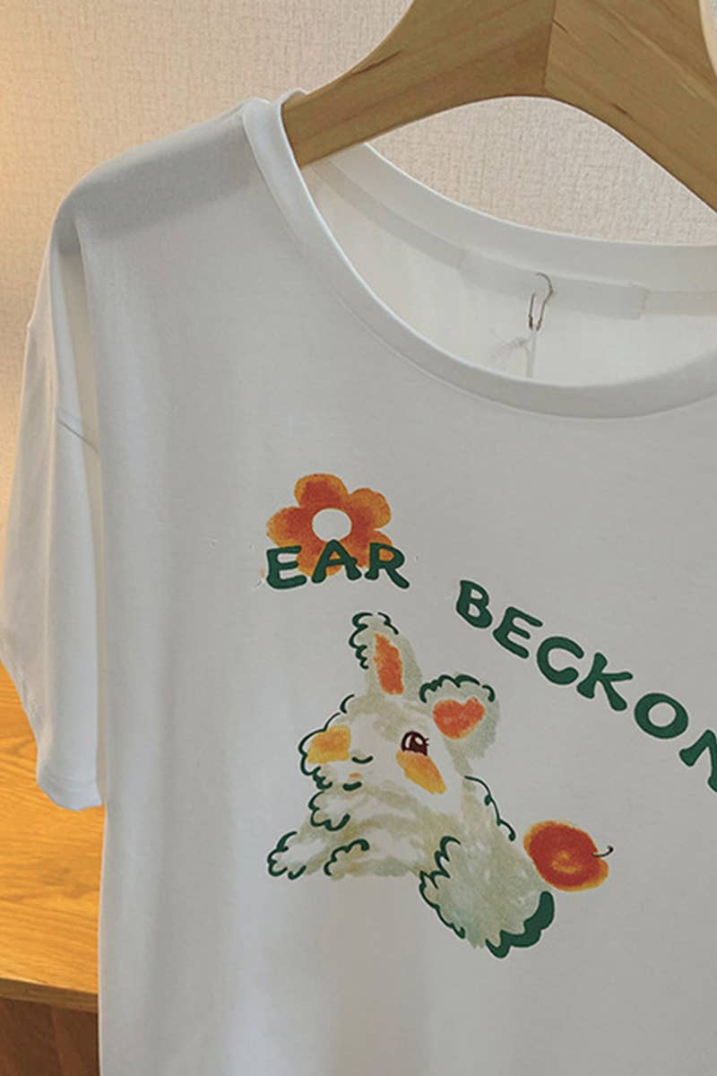 CWTTS1002_CUTE BUNNY PRINT CREW NECK T SHIRT
