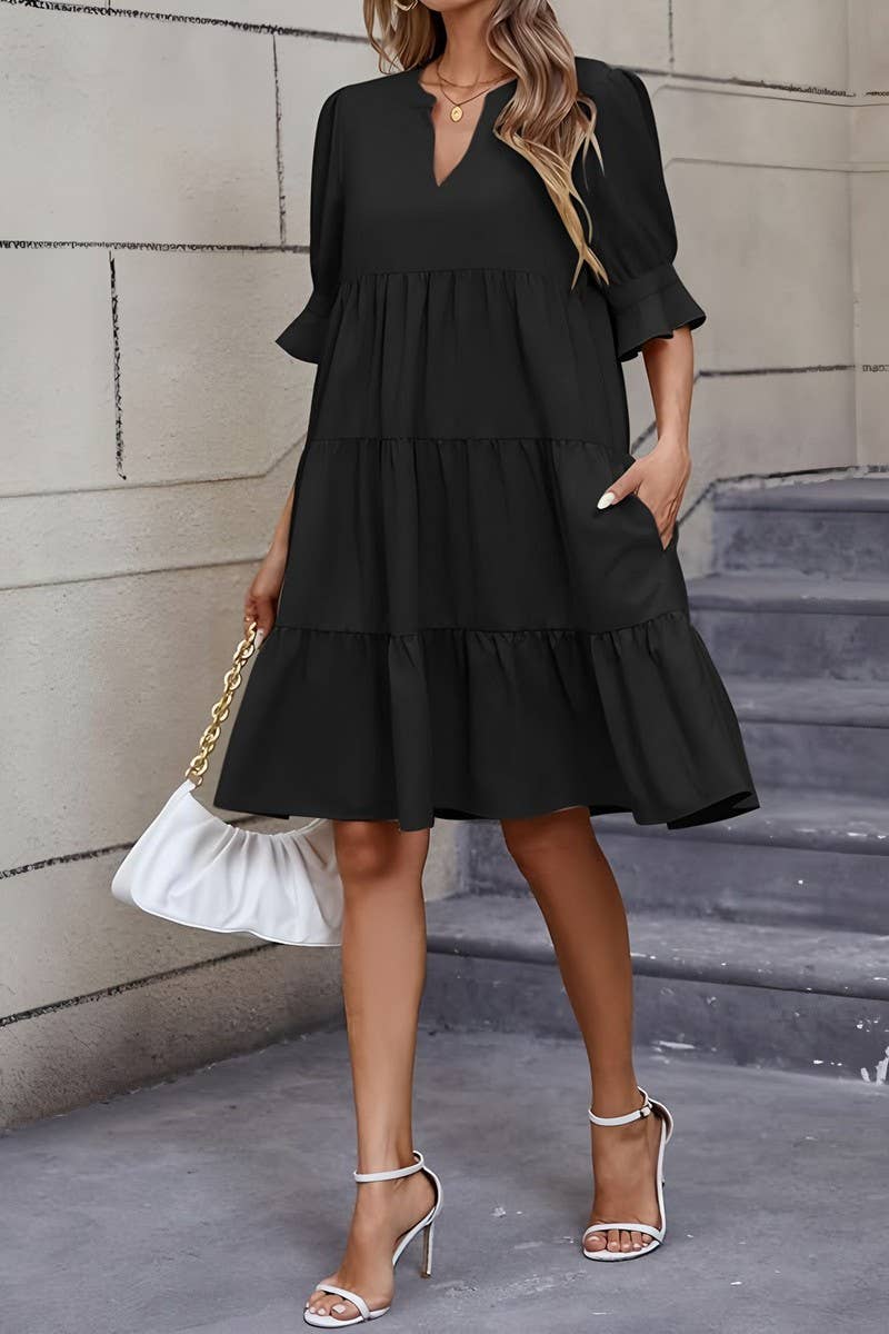 CWDSD10631_FASHIONABLE V-NECK SOLID COLOR LOOSE DRESS