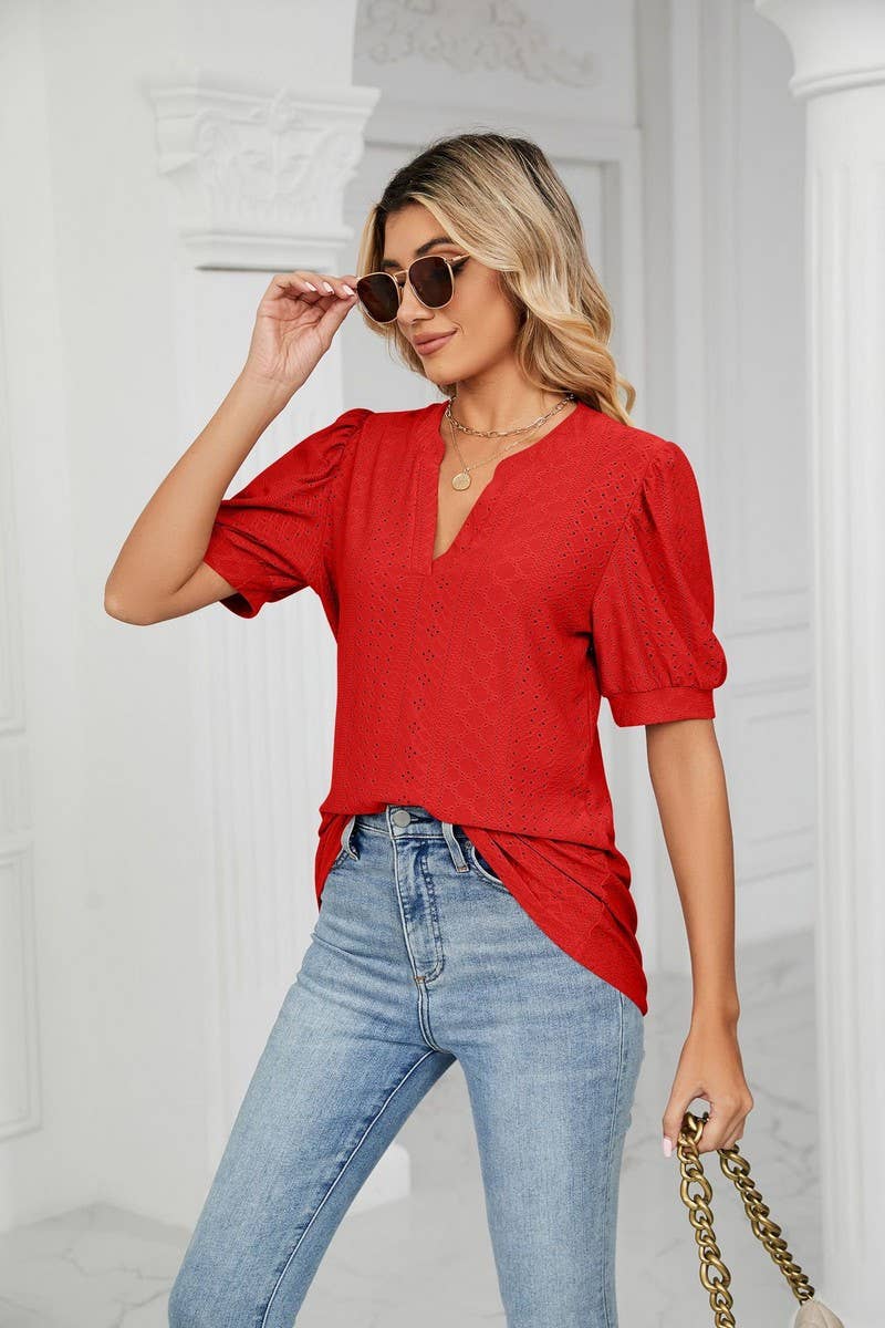 CWTSTS0358_V-Neck Short Sleeve Knit Top