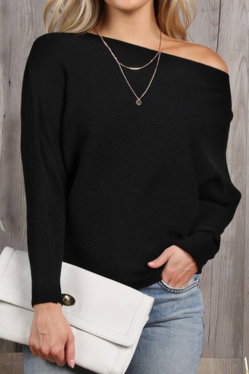 CWOSWL647_ONE SIDE OFF SHOULDER SOFT SWEATER RIB TOP