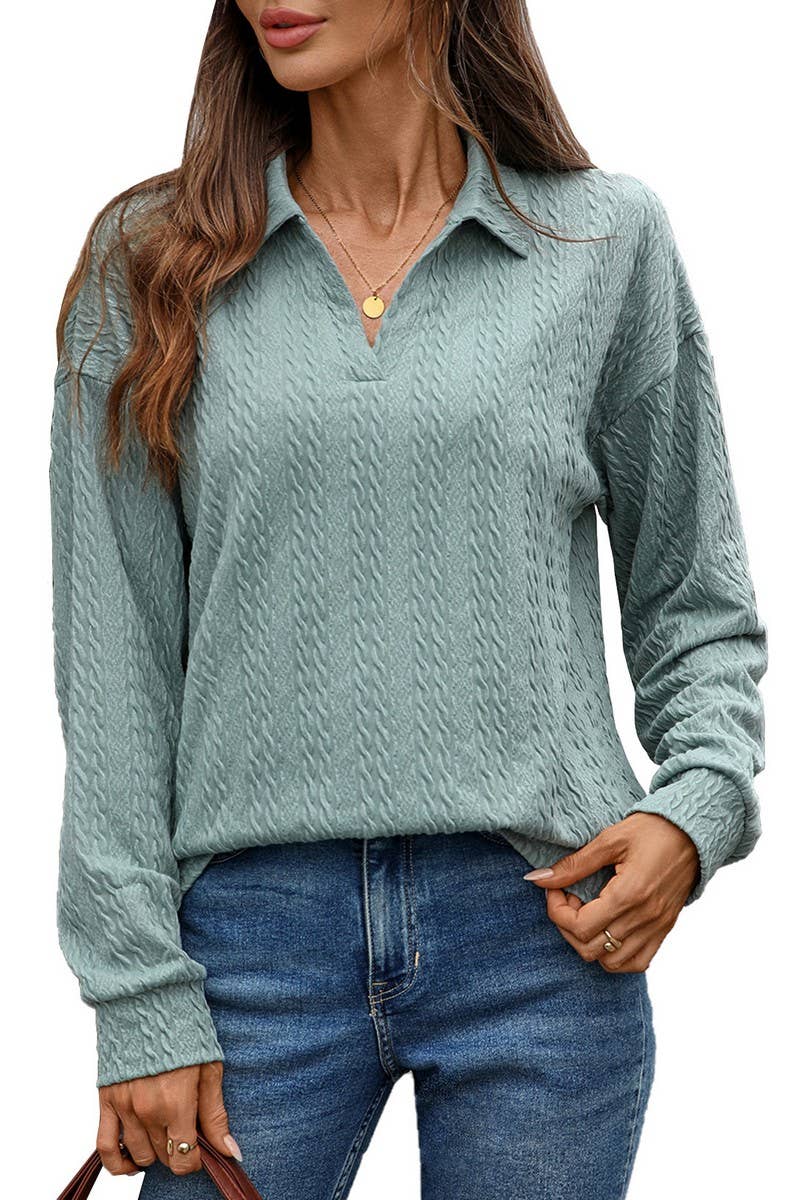 CWTBLL01307_V NECK CABLE KNIT SOLID LONG SLEEVE TEE