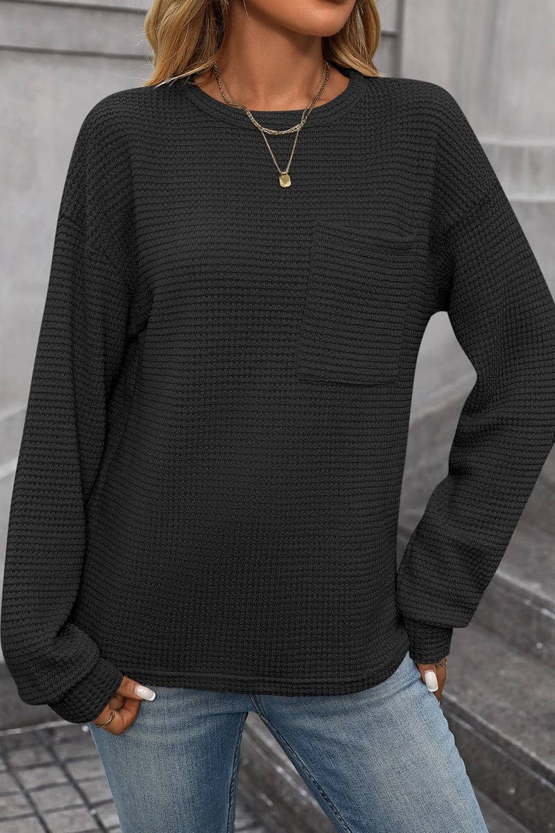 CWTBLL1821_WAFFLE SOLID COLOR ROUND NECK POCKET LOOSE TOP