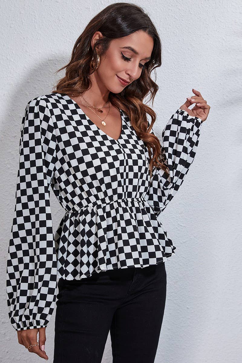 CWTBLL0707_V-Neck Long Sleeve Print Blouse