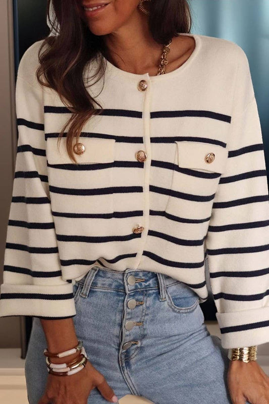 CWOCAL00715_BLACK AND WHITE STRIPED KNITTED CARDIGAN